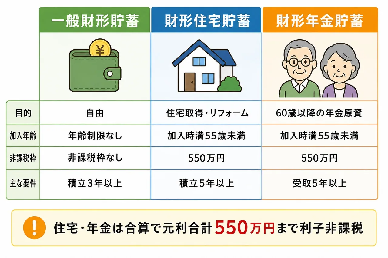財形貯蓄3種の比較 — 一般財形・財形住宅・財形年金の目的と非課税枠