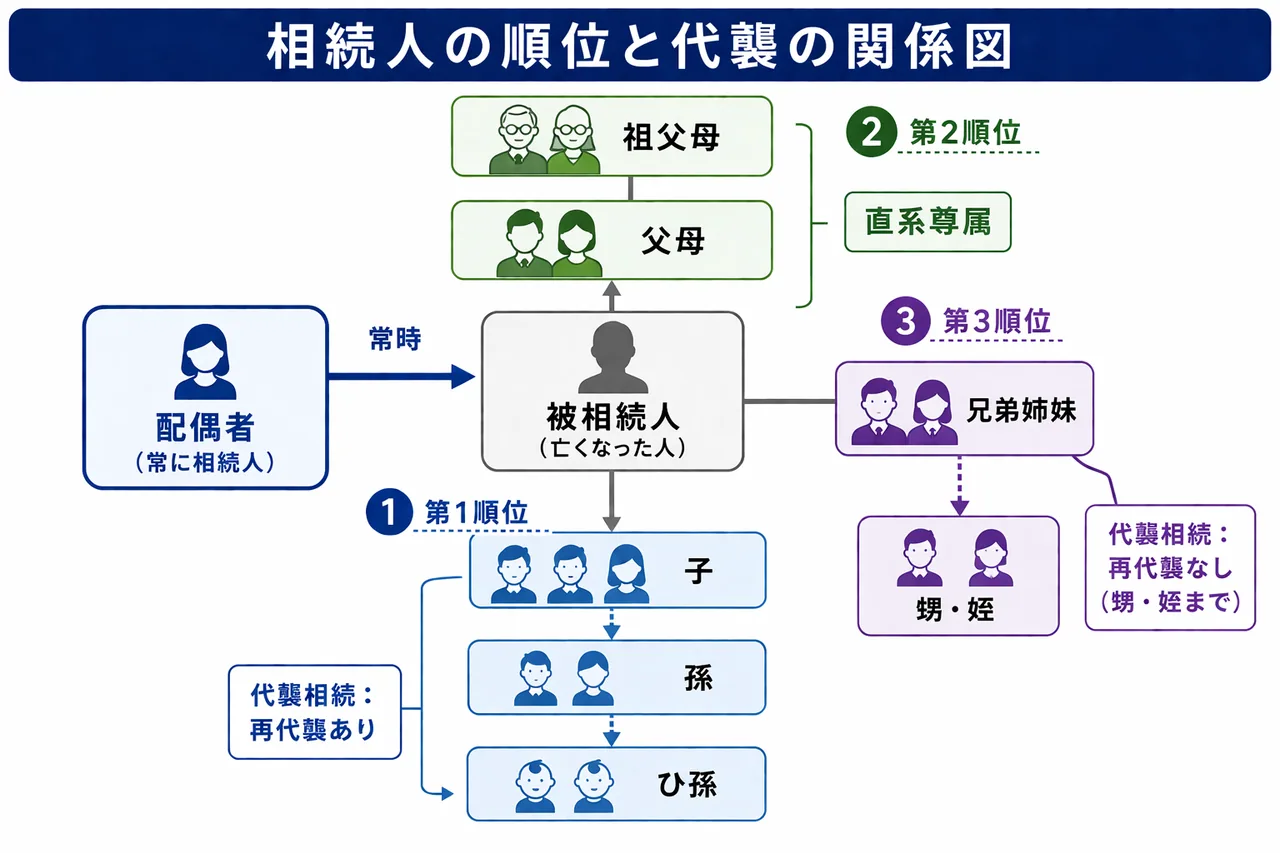 相続人の順位と代襲相続 — 配偶者(常時)+第1〜3順位、再代襲は子のみ