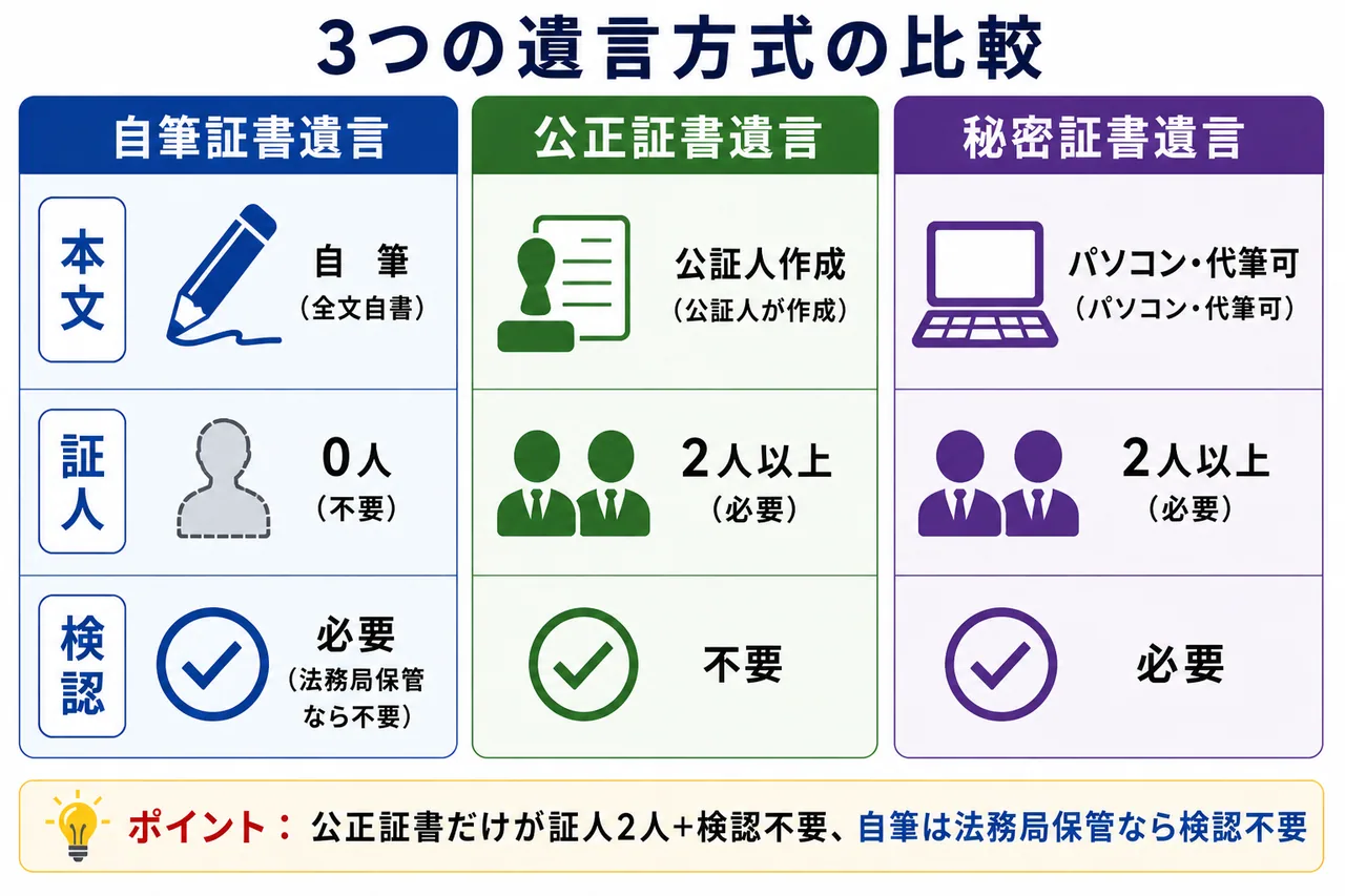 3つの遺言方式 — 自筆証書・公正証書・秘密証書の証人と検認の比較