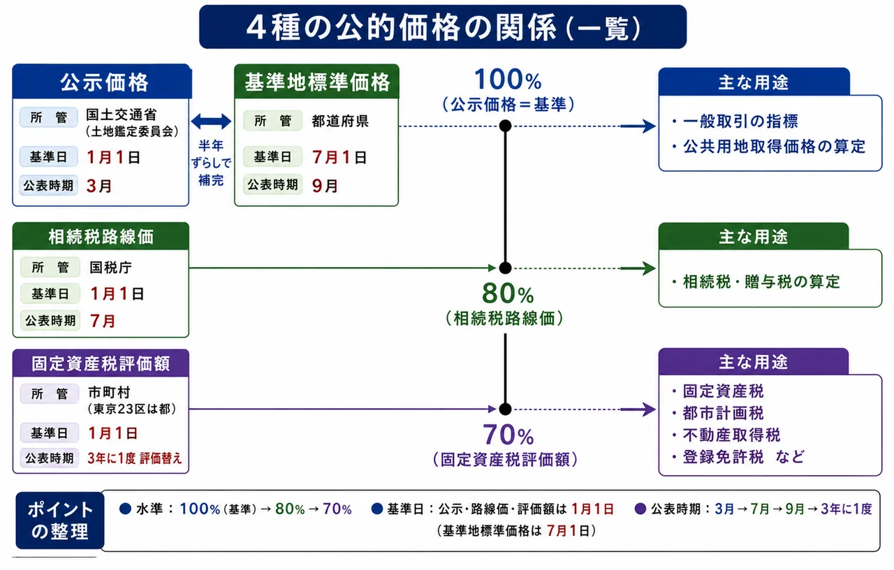 土地の4つの公的価格 — 公示価格(100%)/相続税路線価(80%)/固定資産税評価額(70%)の対応
