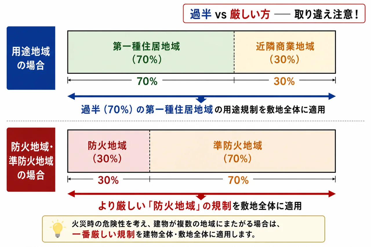 用途地域と防火地域の判定の違い — 過半 vs 厳しい方の使い分け